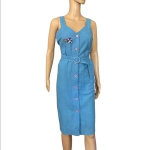 Vintage Frances Henachan blue linen blend button down midi dress size 6